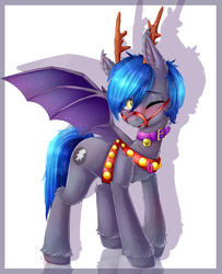 Size: 1848x2274 | Tagged: safe, artist:darksteel, oc, oc only, oc:styxus, bat pony, pony, bat wings, blushing, clothes, collar, commission, cosplay, costume, gem, jewelry, male, necklace, one eye closed, reins, solo, wings, ych result