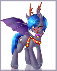 Size: 1848x2274 | Tagged: safe, alternate version, artist:darksteel, oc, oc only, oc:styxus, bat pony, pony, bat wings, blushing, clothes, collar, commission, cosplay, costume, gem, jewelry, male, necklace, one eye closed, reins, solo, wings, ych result
