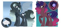 Size: 2899x1353 | Tagged: safe, artist:missbramblemele, oc, oc only, alicorn, bat pony, bat pony alicorn, pony, unicorn, female, male, mare, parent:princess luna, stallion