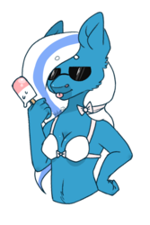 Size: 1024x1536 | Tagged: safe, artist:yelomii, oc, oc only, oc:fleurbelle, alicorn, anthro, alicorn oc, bikini, breasts, cleavage, clothes, female, food, ice cream, ice lolly, licking, ribbon, sunglasses, swimsuit, tongue out