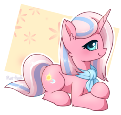 Size: 1835x1739 | Tagged: safe, artist:puetsua, clear sky, pony, unicorn, common ground, g4, abstract background, ascot, cheek fluff, cute, cute sky, ear fluff, female, leg fluff, lidded eyes, looking at you, lying down, mare, neckerchief, smiling, solo