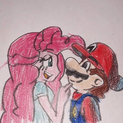 Size: 1080x1080 | Tagged: safe, pinkie pie, equestria girls, g4, crossover, crossover shipping, cute, female, male, mario, mariopie, shipping, super mario bros., traditional art