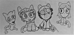 Size: 1924x918 | Tagged: safe, artist:dex stewart, pony, alice, friday the 13th, jason voorhees, lineart, monochrome, pamela voorhees, traditional art