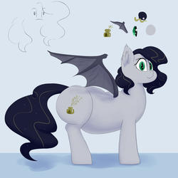 Size: 2500x2500 | Tagged: safe, artist:lupin quill, oc, oc only, oc:scrivener, bat pony, pony, bat pony oc, bat wings, belly, chubby, fat, female, high res, reference sheet, simple background, solo, spread wings, wings