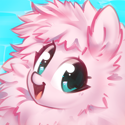 Size: 1200x1200 | Tagged: safe, artist:mirroredsea, oc, oc only, oc:fluffle puff, pony, blue background, bust, cute, female, flufflebetes, looking at you, mare, ocbetes, open mouth, portrait, simple background, smiling, solo