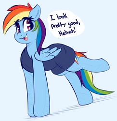 Size: 1587x1635 | Tagged: safe, artist:graphene, rainbow dash, pegasus, pony, g4, blue background, clothes, cute, dashabetes, dialogue, dress, female, mare, open mouth, simple background, solo, speech bubble, truth