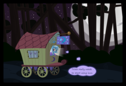 Size: 1280x883 | Tagged: safe, artist:evil-dec0y, trixie, pony, unicorn, comic:trixie vs., comic:trixie vs. hearth's warming, g4, cape, clothes, comic, female, forest, full moon, mare, moon, night, solo, thought bubble, trixie's cape, trixie's wagon