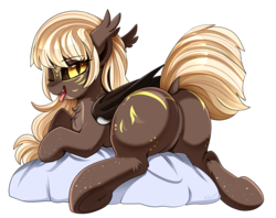 Size: 2516x1989 | Tagged: safe, artist:pridark, oc, oc only, oc:gilded oak, bat pony, pony, bat pony oc, butt, butt freckles, commission, cute, cute little fangs, dock, fangs, female, freckles, looking at you, looking back, looking back at you, mare, open mouth, plot, presenting, prone, rock, sexy, simple background, solo, sultry pose, tongue out, transparent background