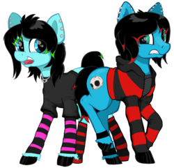 Size: 3648x3520 | Tagged: safe, artist:paskanaakka, derpibooru exclusive, oc, oc only, oc:emo lad, oc:scene chick, earth pony, pony, brother and sister, clothes, colored hooves, commission, duo, dyed mane, dyed tail, ear piercing, earring, emo, female, high res, hoodie, jewelry, male, mare, necklace, piercing, shirt, shy, siblings, simple background, socks, stallion, striped hoodie, striped socks, transparent background, unshorn fetlocks