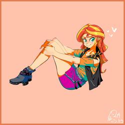 Size: 1000x1000 | Tagged: safe, artist:sozglitch, sunset shimmer, equestria girls, clothes, female, heart, jacket, leather jacket, looking at you, shorts, solo