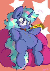Size: 2480x3508 | Tagged: safe, artist:patoriotto, oc, oc:monacas, pony, belly button, chubby, fat, food, high res, meat, messy eating, pepperoni, pepperoni pizza, pizza, ponies eating meat