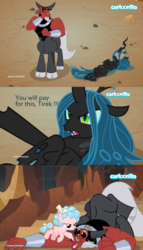 Size: 1260x2200 | Tagged: safe, edit, edited screencap, screencap, cozy glow, lord tirek, queen chrysalis, centaur, changeling, changeling queen, pegasus, pony, frenemies (episode), g4, bow, cartoonito logo, cloven hooves, female, filly, foal, freckles, hair bow, italian, losers club, male, nose piercing, nose ring, piercing, septum piercing, trust fall