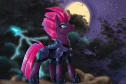 Size: 3001x2000 | Tagged: safe, artist:dangerrnoodle, tempest shadow, pony, unicorn, g4, my little pony: the movie, broken horn, eye scar, female, high res, horn, lightning, looking up, mare, moon, night, scar, solo