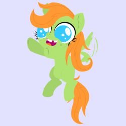 Size: 2000x2000 | Tagged: safe, anonymous artist, oc, oc only, oc:apple flutter, pegasus, pony, series:fm holidays, big eyes, blank flank, female, filly, flying, freckles, high res, lineless, no pupils, offspring, open mouth, parent:big macintosh, parent:fluttershy, parents:fluttermac, purple background, simple background, smiling, solo, tooth gap