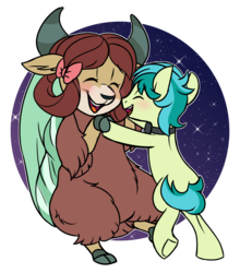 Size: 2988x3394 | Tagged: safe, artist:chub-wub, sandbar, yona, earth pony, pony, yak, g4, season 9, she's all yak, abstract background, bipedal, blushing, bow, bowtie, circle background, cloven hooves, cute, dancing, duo, duo male and female, ear fluff, eyes closed, featured image, female, hair bow, high res, holding hooves, interspecies, larger female, male, monkey swings, open mouth, sandabetes, ship:yonabar, shipping, size difference, smaller male, smiling, starry night, stars, straight, teenager, yonadorable