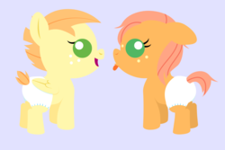 Size: 3000x2000 | Tagged: safe, anonymous artist, oc, oc only, oc:crabapple cider, oc:summer breeze, pony, series:fm holidays, baby, baby pony, brother and sister, colt, diaper, duo, female, filly, fraternal twins, freckles, high res, lineless, male, no pupils, offspring, open mouth, parent:big macintosh, parent:fluttershy, parents:fluttermac, purple background, siblings, simple background, smiling, tongue out