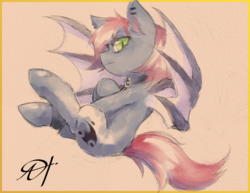 Size: 2475x1914 | Tagged: safe, artist:alts-art, oc, oc only, oc:swaybat, bat pony, pony, bandage, bat pony oc, bat wings, collar, colored sketch, ear fluff, ear piercing, female, flying, looking at you, mare, orange background, piercing, signature, simple background, sketch, solo, spread wings, watercolor painting, wings