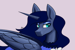 Size: 859x568 | Tagged: safe, artist:zachc, princess luna, alicorn, pony, g4, clothes, female, horn, simple background, solo, wings, wip