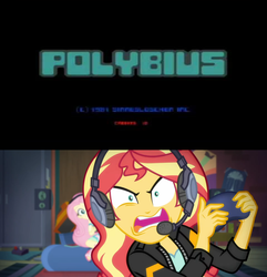 Size: 1920x1995 | Tagged: safe, edit, edited screencap, screencap, fluttershy, sunset shimmer, equestria girls, g4, game stream, my little pony equestria girls: better together, polybius, sunset shimmer frustrated at game, this will end in death, this will end in tears, this will end in tears and/or death, this will not end well