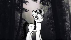 Size: 666x377 | Tagged: safe, edit, editor:undeadponysoldier, moonlight raven, pony, unicorn, g4, dark forest, eyeliner, female, fog, forest, goth, gothic eyeliner, irl, makeup, mare, mist, photo, ponies in real life, solo, tree
