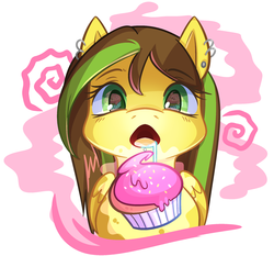 Size: 2200x2050 | Tagged: safe, artist:zombie, oc, oc only, oc:thunderjolt, pegasus, pony, bolt, brown, cupcake, drool, earth, female, food, green, high res, hungry, lightning, lip ring, piercing, solo, yellow