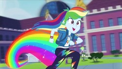 Size: 1280x720 | Tagged: safe, screencap, cherry crash, mystery mint, rainbow dash, equestria girls, g4, my little pony equestria girls: better together, run to break free, background human, backpack, canterlot high, clothes, female, geode of super speed, magical geodes, pants, rainbow, solo, statue