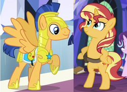 Size: 456x331 | Tagged: safe, edit, edited screencap, screencap, flash sentry, sunset shimmer, pony, unicorn, g4, equestria girls ponified, female, male, ponified, ship:flashimmer, shipping, shipping domino, straight