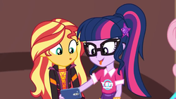 Size: 1920x1080 | Tagged: safe, screencap, fluttershy, sci-twi, sunset shimmer, twilight sparkle, equestria girls, festival filters, g4, my little pony equestria girls: better together, cellphone, duo, duo female, female, geode of telekinesis, glasses, magical geodes, offscreen character, phone, ponytail, smartphone, tongue out