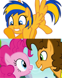 Size: 1212x1514 | Tagged: safe, artist:mlpfan3991, edit, edited screencap, screencap, cheese sandwich, pinkie pie, oc, oc:flare spark, pony, g4, pinkie pride, female, flare spark is best facemaker, male, ship:cheesepie, shipping, straight