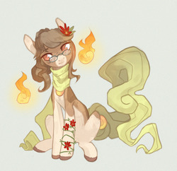 Size: 1208x1168 | Tagged: safe, artist:koviry, oc, oc only, oc:historia (rainspeak), earth pony, pony, clothes, fire, flower, flower in hair, glasses, scarf, simple background, sitting, solo, solutai, white background