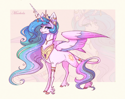 Size: 2799x2217 | Tagged: safe, artist:marbola, princess celestia, alicorn, pony, g4, cloven hooves, colored wings, female, high res, horn, horn jewelry, jewelry, leonine tail, lidded eyes, looking at you, mare, multicolored wings, solo, spread wings, unshorn fetlocks, wings, zoom layer