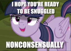Size: 1306x940 | Tagged: safe, edit, edited screencap, screencap, mean twilight sparkle, twilight sparkle, alicorn, pony, g4, the mean 6, caption, clone, cropped, female, hape, hug, image macro, meme, non-consensual cuddling, open mouth, open smile, personal space invasion, smiling, smirk, solo, text, twilight sparkle (alicorn), you need me