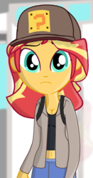 Size: 720x1372 | Tagged: safe, artist:grapefruitface1, sunset shimmer, equestria girls, g4, backpack, cap, clothes, cosplay, costume, crossover, female, hat, looking at you, mario hat, mario's hat, midriff, sad, solo, super mario bros., vinesauce, vinny (vinesauce)