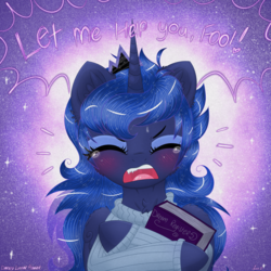 Size: 3500x3500 | Tagged: safe, artist:darkest-lunar-flower, princess luna, alicorn, pony, g4, blushing, book, clothes, crying, eyes closed, female, high res, holding, mare, open mouth, solo, sweater, teary eyes
