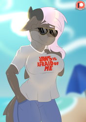 Size: 1350x1920 | Tagged: safe, artist:fleet-wing, oc, oc only, oc:nesserris, shark, anthro, barely pony related, beach, breasts, female, hand in pocket, hand on bust, hand on chest, horns, lens flare, looking at you, solo, sunglasses
