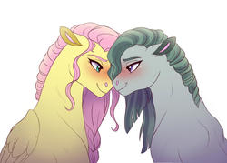 Size: 1600x1143 | Tagged: safe, artist:cascayd, fluttershy, marble pie, earth pony, pegasus, pony, g4, blushing, eye contact, female, lesbian, looking at each other, mare, ship:marbleshy, shipping, simple background, smiling, white background