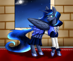 Size: 2400x2000 | Tagged: safe, artist:zachc, princess luna, alicorn, pony, g4, clothes, concave belly, dress, ethereal mane, ethereal tail, female, folded wings, high res, hoof shoes, horn, interior, large wings, long tail, mare, moon, sky, slender, solo, starry mane, stars, tail, thin, wings