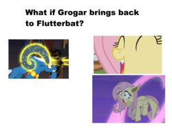 Size: 2124x1588 | Tagged: safe, edit, edited screencap, screencap, fluttershy, grogar, bat pony, pony, bats!, frenemies (episode), g4, season 4, season 9, bat ponified, female, flutterbat, glowing horn, grammar error, horn, idea, male, mare, race swap, transformation