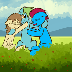 Size: 900x900 | Tagged: safe, artist:claribell3, oc, oc only, oc:azure glide, oc:chisel, oc:vanilla swirl, earth pony, pegasus, pony, afterlife, bush, cloud, context in description, crying, cute, family, family hug, father and son, feels, female, grass field, happy, heartwarming description, heaven, hug, implied death, male, mare, mother and son, ocbetes, sitting, smiling, stallion, story included, tears of joy