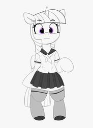 Size: 2274x3112 | Tagged: safe, artist:pabbley, twilight sparkle, alicorn, pony, semi-anthro, g4, :3, arm hooves, bipedal, clothes, cute, female, high res, human shoulders, humanoid torso, looking at you, mare, monochrome, partial color, pleated skirt, raised hoof, school uniform, simple background, skirt, smiling, socks, solo, thigh highs, twiabetes, twilight sparkle (alicorn), zettai ryouiki