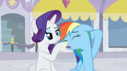Size: 1920x1080 | Tagged: safe, screencap, rainbow dash, rarity, pegasus, pony, unicorn, g4, rarity investigates, boop, eyes closed, out of context, sunscreen