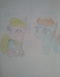 Size: 1891x2413 | Tagged: safe, artist:jerryakira80, oc, oc only, oc:kayla, oc:melanie, earth pony, pegasus, pony, female, filly, traditional art