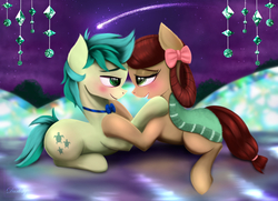 Size: 6750x4875 | Tagged: safe, artist:darksly, sandbar, yona, earth pony, pony, g4, she's all yak, absurd resolution, blushing, bow, eye contact, female, hair bow, interspecies, looking at each other, male, monkey swings, night, ponified, pony yona, profile, ship:yonabar, shipping, shooting star, smiling, species swap, stars, straight