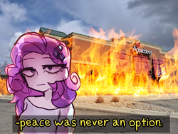 Size: 1024x768 | Tagged: safe, artist:t-0-rtured, rarity, human, equestria girls, g4, applebee's, context is for the weak, disaster girl, face of mercy, female, lidded eyes, meme, out of context, peace was never an option, rarity fighting a giant applebee's, solo, untitled goose game, wat