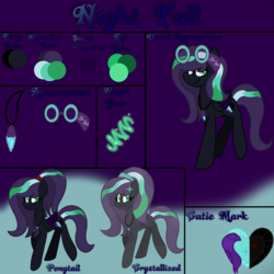 Size: 894x894 | Tagged: safe, artist:nightfallart32, oc, oc only, oc:night fall, crystal pony, pegasus, pony, umbrum, base used, crystallized, cutie mark, goggles, jewelry, magic, necklace, parent:crystella shard, parent:shadow fall, pendant, ponytail, reference sheet