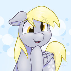 Size: 1280x1280 | Tagged: safe, artist:imaplatypus, derpy hooves, pegasus, pony, g4, blushing, cute, derpabetes, eye clipping through hair, female, floppy ears, mare, open mouth, solo