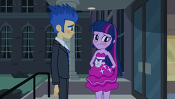 Size: 1920x1080 | Tagged: safe, screencap, flash sentry, twilight sparkle, human, equestria girls, g4, my little pony equestria girls, arm behind back, bare shoulders, blushing, clothes, dress, fall formal outfits, female, male, ship:flashlight, shipping, sleeveless, smiling, straight, strapless, twilight ball dress
