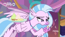 Size: 1280x720 | Tagged: safe, screencap, silverstream, classical hippogriff, hippogriff, g4, she's all yak, chips, cupcake, female, food, lidded eyes, solo