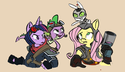 Size: 1357x780 | Tagged: safe, artist:stormygeddon, angel bunny, fluttershy, spike, twilight sparkle, dragon, lombax, pegasus, unicorn, anthro, g4, crossover, digital art, jak and daxter, playstation, ratchet and clank, video game