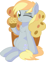 Size: 5523x7436 | Tagged: safe, artist:cyanlightning, derpy hooves, pegasus, pony, g4, .svg available, :t, absurd resolution, chest fluff, cute, daaaaaaaaaaaw, derpabetes, ear fluff, ear tufts, eating, eyeshadow, female, food, hoof hold, looking at you, makeup, mare, muffin, one eye closed, simple background, sitting, smiling, solo, that pony sure does love muffins, transparent background, vector, wink